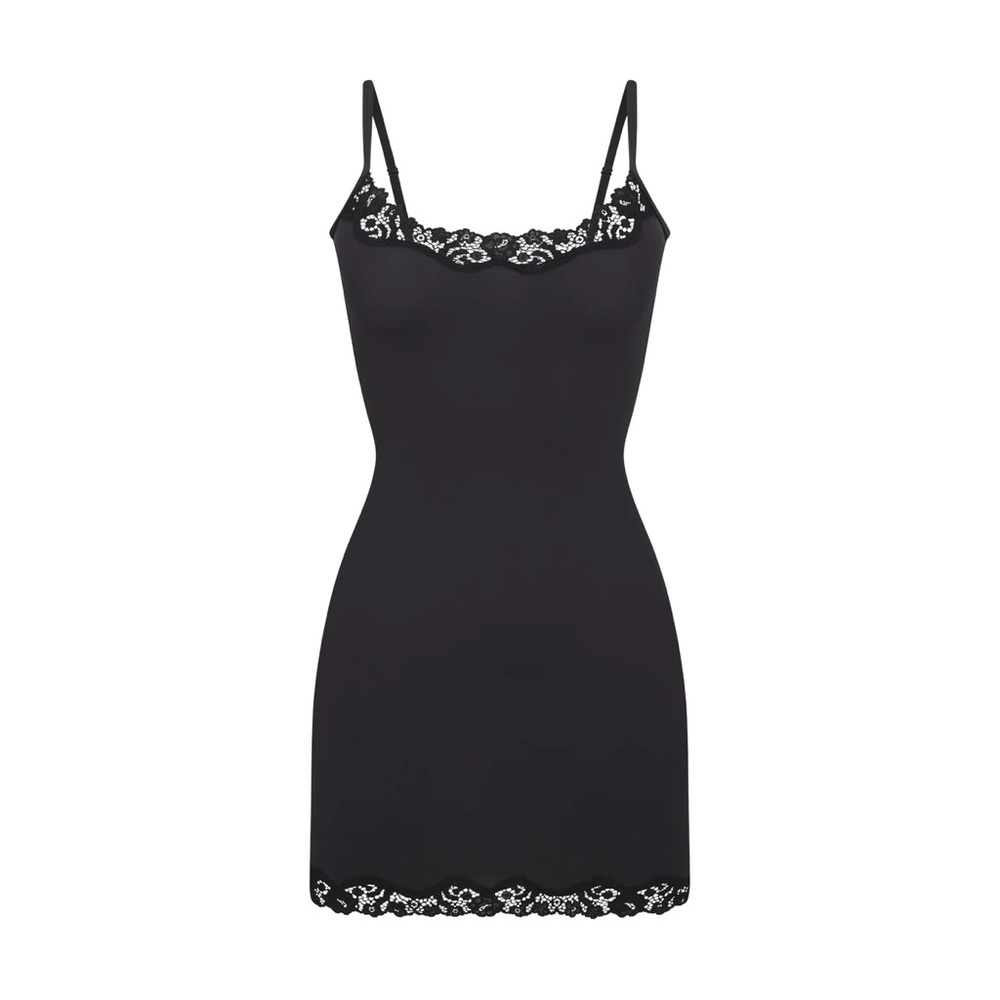 SKIMS FITS EVERYBODY CORDED LACE SLIP DRESS ONYX MEDIUM